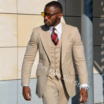 Şampanya erkek Takım Elbise Slim Fit Blazer Düğün Çentikli Yaka Resmi İş Smokin 3 Parça Ceket Yelek Ve Pantolon Damat Giyim