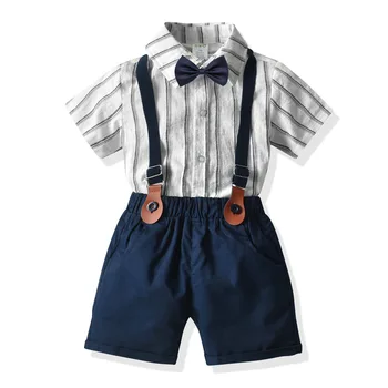 Erkek Günlük Kıyafetler Çocuklar 1-6 Yıl Giyim Çizgili Gömlek + Donanma Şort Yay ile 4 Adet Çocuk Kostüm Moda gündelik giyim