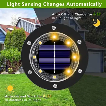 Yükseltilmiş 8 LED güneş çim lambaları zemin açık su geçirmez Güneş bahçe dekorasyon lambaları Disk yolu Yard Peyzaj aydınlatma