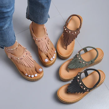 2023 Takozlar Sandalet Kadınlar için Geniş Topuklu Slip-On Platformu Kadın Etnik Tarzı Püsküller Platformu Sandalet Bayanlar yüksek Topuk Ayakkabı
