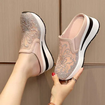 Kadın Katır Sandalet Açık Kadın Terlik Moda Takozlar Dantel Örgü Sığ Rahat spor ayakkabı Rahat Slayt Flip Flop