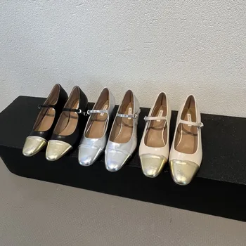 2023 Yaz Gümüş Mary Jane Kadın Ayakkabı Fransız Kalın Topuk Altın Kare Ayak Sandalet Toka Kayış Pompaları Sığ Zapatillas Mujer