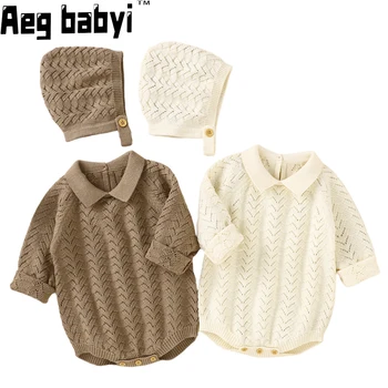 Sonbahar Bebek Giysileri Yenidoğan Bodysuit Uzun Kollu Erkek Bebek Kız Giysileri Örme Tulum + Şapka Kıyafetler Yürüyor Bebek Triko