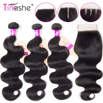 Tinashe Saç Vücut Dalga Demetleri Ile Kapatma Perulu Saç Demetleri Ile Dantel Kapatma 8-30 uzun saç postişi Kapatma Ile 3 Demetleri