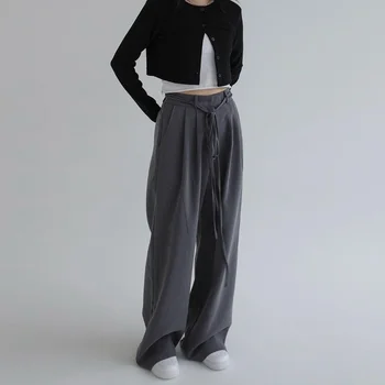 Yaz Rahat pantolon Kadın Düz pantolon Katı Gevşek Dantel Up Geniş Bacak Pantolon Kore Tarzı Uzun Pantolon Kadın Giyim