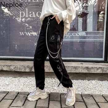 Neploe Kadın erkek Kargo pantolon Harajuku Zincir Cepler Ayak Bileği Pantolon Yüksek Bel Hip-Hop Punk Siyah Harem Streetwear Sweatpants