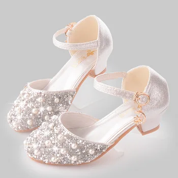 Kız Ayakkabı Moda Sequins Rhinestone Çocuk Prenses Ayakkabı İnci Kız deri ayakkabı lüks tasarım ayakkabı çocuklar için sandalet