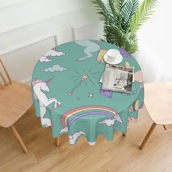 Sevimli Unicorn Gökkuşağı Ay Elmas Yuvarlak Masa Örtüsü Polyester Mutfak Masa Örtüsü Dekoratif Zarif Kumaş Masa Örtüsü