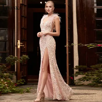LİVANKA Muhteşem Akşam balo kıyafetleri Sevgiliye Spagetti Kayışı Pullu Tüyler Sipariş Üzerine Yapılan Vestidos Elbiseler De Soirée