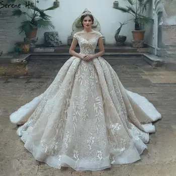 Serene Tepe Lüks V Yaka Tül Aplike düğün elbisesi 2023 Son Zarif Kapalı Omuz gelin kıyafeti Robe de mariée