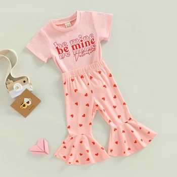 FOCUSNORM 0-5Y Güzel Çocuk Kız Sevgililer Günü Giyim Setleri 2 adet Kalp Mektup Baskılı Kısa Kollu T Shirt + Flare Pantolon