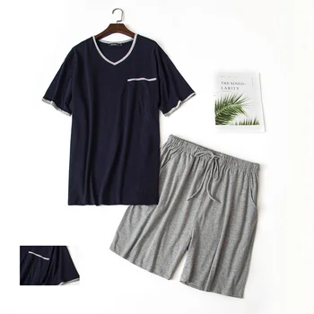Erkekler için yaz Pijama Set Dikiş Pamuk Pijama Ekose Baskı Şort Kollu Gömlek Ve Şort Pijama Loungewear Gecelikler