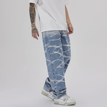 Sokak stili düzensiz kravat boya pantolon moda marka fırfır yakışıklı kızarmış sokak erkekler hiphop geniş bacak pantolon tasarım denim pantolon