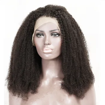 4C Afro Kinky Kıvırcık Dantel Kapatma İnsan Bakire Saç Peruk Şeffaf Dantel U Parçası Brezilyalı sırma ön peruk Siyah Kadınlar için