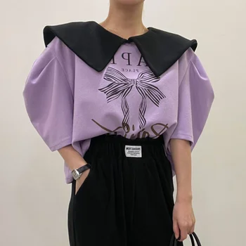 Renk Kontrast Yaka Yay Baskı T Shirt Kadın Puf Kollu tişört Üst Kadın 2023 Yaz Yeni Mektup Gevşek Tees Tops M997