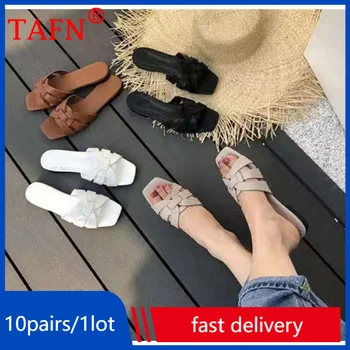 10 pairs Kadın Terlik Yaz Slaytlar Burnu açık Düz rahat ayakkabılar Eğlence Sandalet Kadın Plaj Flip Flop Büyük Boy Toptan T001