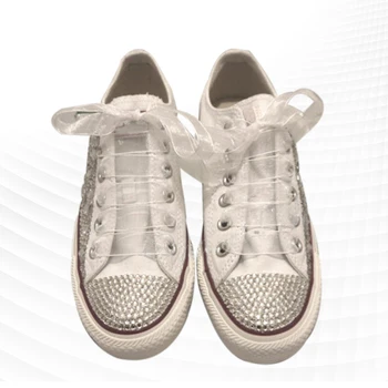 Düşük top sneakers beyaz taklidi kanvas ayakkabılar rahat yürüyüş ayakkabısı el yapımı yapay elmaslı kurdele vulkanize ayakkabı 35-46