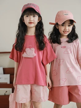 2023 Yaz Kızların 3D çizgi film bebeği Baskı Seti çocuk Yuvarlak Boyun Kısa Kollu Üst Çocuk Giysileri Kız 7-12y