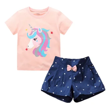 Kız giyim setleri 2022 Yaz Çocuk Giysileri Karikatür Unicorn kısa kollu tişört + Yay Şort 2 Adet Pamuk Çocuk Giyim