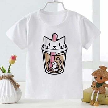 Kawaii Kedi Süt Çay Baskılı çocuk T-shirt Süper Sevimli Karikatür Moda Trendi T-shirt Yaz Kız Erkek Rahat Bebek Giyim