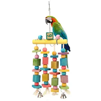 YENİ Papağan Kuş Renkli Asılı Ahşap Çiğneme Oyuncakları Standı Raf Kuş Kafesi Aksesuarları Bells İle Kuş Malzemeleri