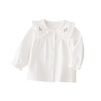 Bahar Yeni Bebek Kız Bluz Gömlek Tatlı Peter Pan Yaka İnce Dip Gömlek Beyaz Renk Kız Gömlek Pamuk Çocuklar Tops