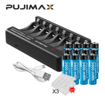 PUJIMAX AA 1.5 V 3400mWh Şarj Edilebilir li-ion pil İle 8 yuvalı Lityum pil şarj cihazı USB kablosu İle 8 Adet El Feneri Oyuncak