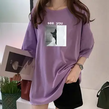 Yaz kadın kısa kollu tişört Kadın Üstleri Kore Yuvarlak Boyun Gevşek See You Kedi Baskı Tee Gömlek Temel Kadın T-Shirt