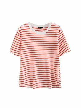2023 Yeni Moda şerit T Shirt Kadın Kısa Kollu O Boyun Gevşek Gömlek Yaz Kadın İnce Pamuklu Tişört Katı Tee Gömlek Tops Mujer