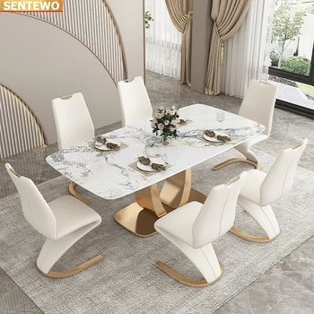 Tasarımcı Lüks yemek odası Mermer Kaya Döşeme yemek masası seti 4 sandalye mesa de jantar esstisch marbre Paslanmaz çelik altın taban