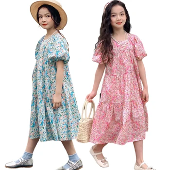 Kızlar yaz elbisesi Çocuk Parçalanmış Çiçekler Saf Pamuk Yeni Stil Elbise Genç Gevşek Sevgiliye Prenses Kabarcık Kollu Giyim