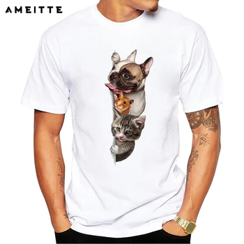AMEİTTE Komik Sevimli Köpekler ve Kediler / Hamster / Muhabbet Kuşu Baskı T-Shirt Erkekler Hayvanlar Pet oturan T Shirt Yaz Hipster Erkek Üstleri Tee