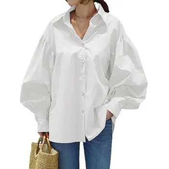Yatak açma Yaka Uzun Bishop Kollu Düğme Gömlek Kadın Tees Tops Vintage Stil Kadın İş Giysisi