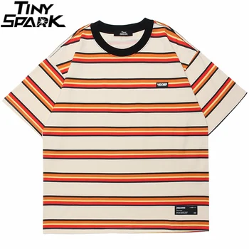 Hip Hop harajuku tişört Streetwear Çizgili Baskı T Shirt %2023 Erkekler Pamuk Rahat Gömlek İlkbahar Yaz Kısa Kollu Tees Tops