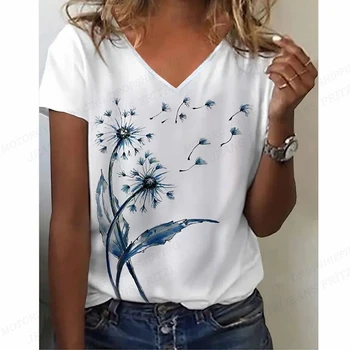 Kadın T Shirt Bitki ve çiçek 3d Baskı T-shirt Kadın Moda T-shirt V Yaka Kısa Kollu Tees Tops beyaz tişört Gömlek Günlük Büyük Boy