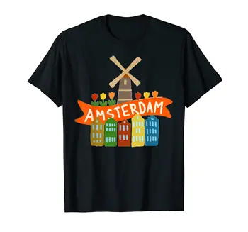100 % Pamuk Amsterdam Fırıldak Laleler Evler Hollanda Hollanda T-Shirt ERKEK KADIN UNİSEX T Shirt Boyutu S-6XL