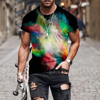 Yaz Moda erkek tişört Renkli Toz Tees Tops 3D Baskı Kısa Kollu Casual Streetwear Kişilik Gevşek Giysiler