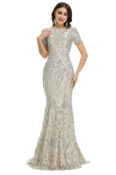Gümüş Mermaid Glitter Elbisesi Abiye Kollu 2023 Sequins Aplike Prenses Pist Fishtail Balo Elbise