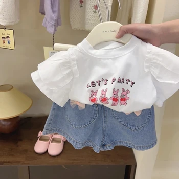 Kızların Yaz Kısa Kollu Seti Yeni Koreli çocuk Moda Uçan Kollu T-shirt Şort İki Parçalı Kız kot seti