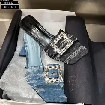 Yüksek Topuklu Kadın Pompaları Arkası Açık İskarpin Yeni Sığ Mavi Denim Kristal 2023 Yaz Slaytlar moda kadın ayakkabısı Seksi Bayan Sandalet