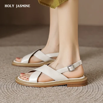 2023 Yaz Moda Kadın Ayakkabı Burnu açık Düşük Topuk Kadın Sandalet Hakiki Deri Gladyatör Kadın Sandalet Roma Ayakkabı Kadınlar için
