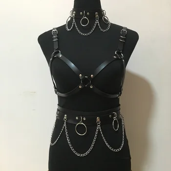 Yeni Kadın Siyah Suni deri geniş bel kemeri metal zincir ile göğüs askısı yeni gece Kulübü dekorasyon Kadınlar için