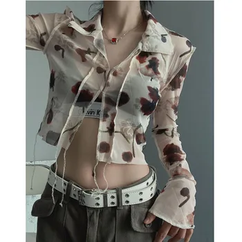 Kadın Giyim 2023 Yeni Moda Niş Tasarım Duygusu Baskılı Elastik Örgü Baharat Kız Kısa Gömlek İnce Güneş Koruyucu Rahat Üst