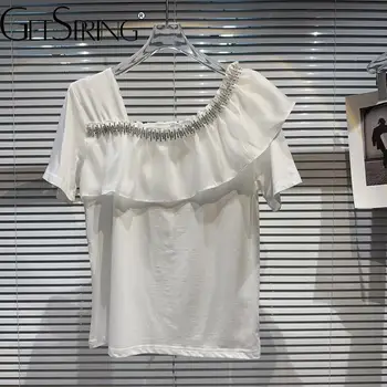 Getsprıng Kadın T Shirt Kısa Kollu Taklidi Kare Yaka Siyah beyaz tişört Moda Gevşek Tee Gömlek Kadın Üst Tişörtleri