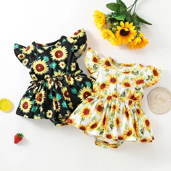 FOCUSNORM 0-24 M Bebek Kız Romper Elbise Yaz Nervürlü Ayçiçeği Baskı Uçan Kollu Tulumlar 2 Renkler