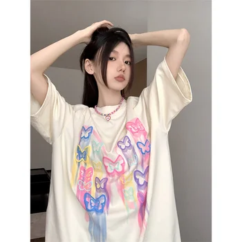 Gökkuşağı Kelebek Baskı Tasarım kısa kollu tişört kadın 2023 Yaz Kore Versiyonu Yeni Gevşek Orta Uzunlukta yuvarlak boyun Üst İns