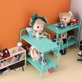 1 ADET Metal 1/12 Ölçekli Dollhouse Minyatür Ranza Modeli Okul Yurdu Mobilya OB11 Bebek Evi Aksesuarları Oyuncak