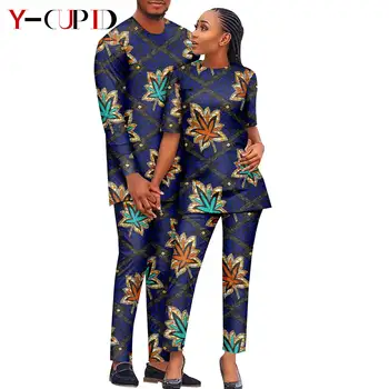Afrika Baskı Takım Elbise Erkekler için Eşleşen Çift Elbise Dashiki Kaftan Kadın Kıyafetleri Ankara sıfır yaka bluzlar Gömlek ve pantolon Setleri Y23C026