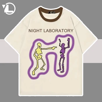 Hip Hop Retro T Shirt Erkek İskelet Mektubu Baskı kısa kollu tişört Yaz Harajuku Gevşek Tees Streetwear Gevşek Üstleri Çift Yeni