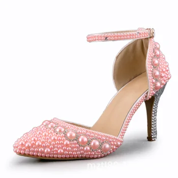 Stil Glitter Kristal Kadın Pompaları Seksi Düğün PU 6CM İnce Yüksek Topuklu Sivri Burun Sığ Slip-On Pembe İnci kadın Parti Ayakkabı